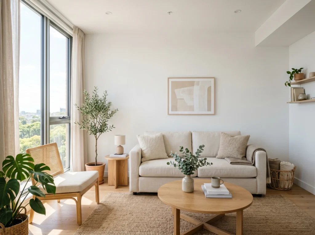 small bright living room with white walls and light furniture