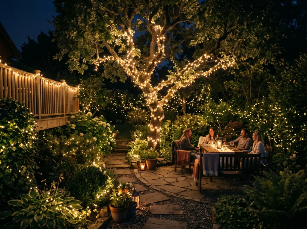A cozy backyard garden at night decorated with warm fairy lights wrapped around trees, railings, and shrubs, tiny glowing bulbs creating a soft firefly-like effect, realistic photography style, natural outdoor setting, warm golden ambiance, subtle shadows, cinematic but real-life look, elegant and dreamy atmosphere, perfect for a garden party or quiet evening, ultra detailed yet natural