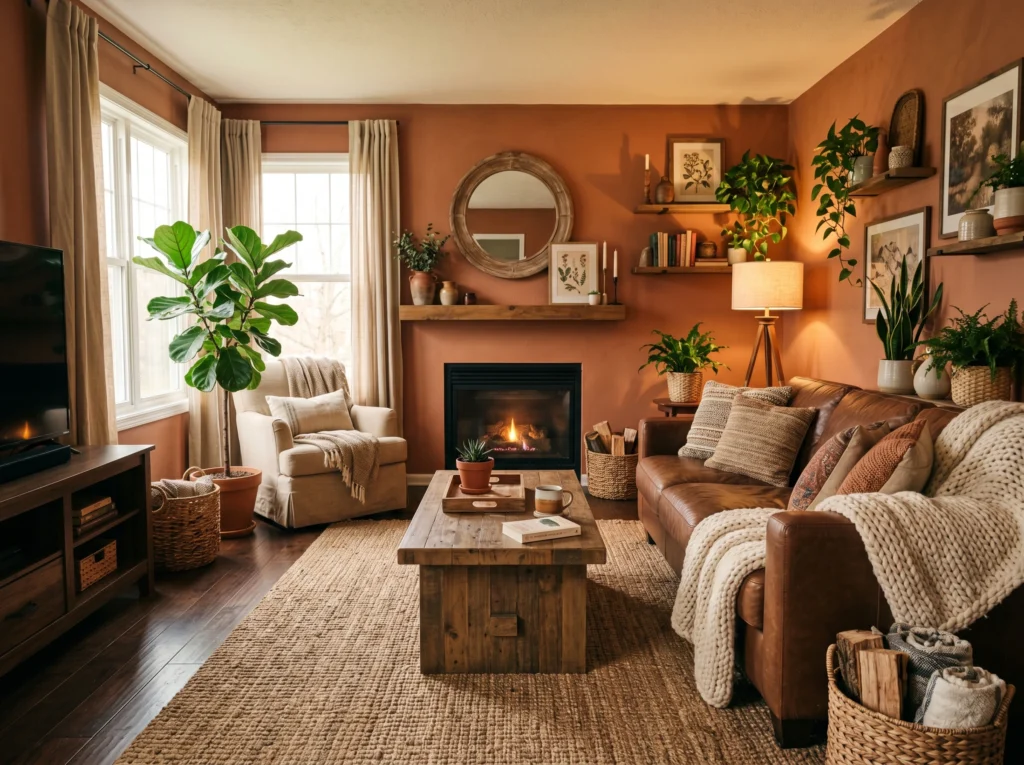 cozy living room with terracotta walls and wooden furniture