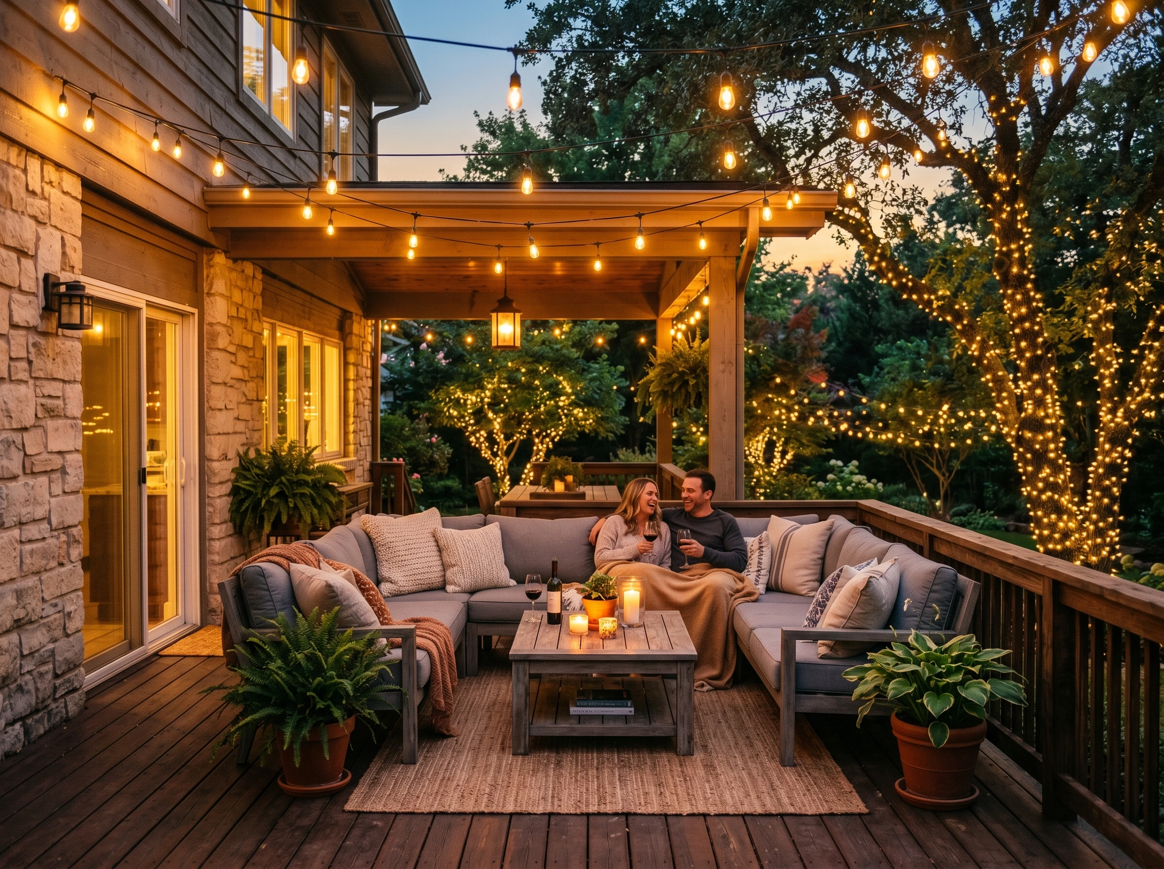 outdoor patio with warm string lights and cozy evening lighting