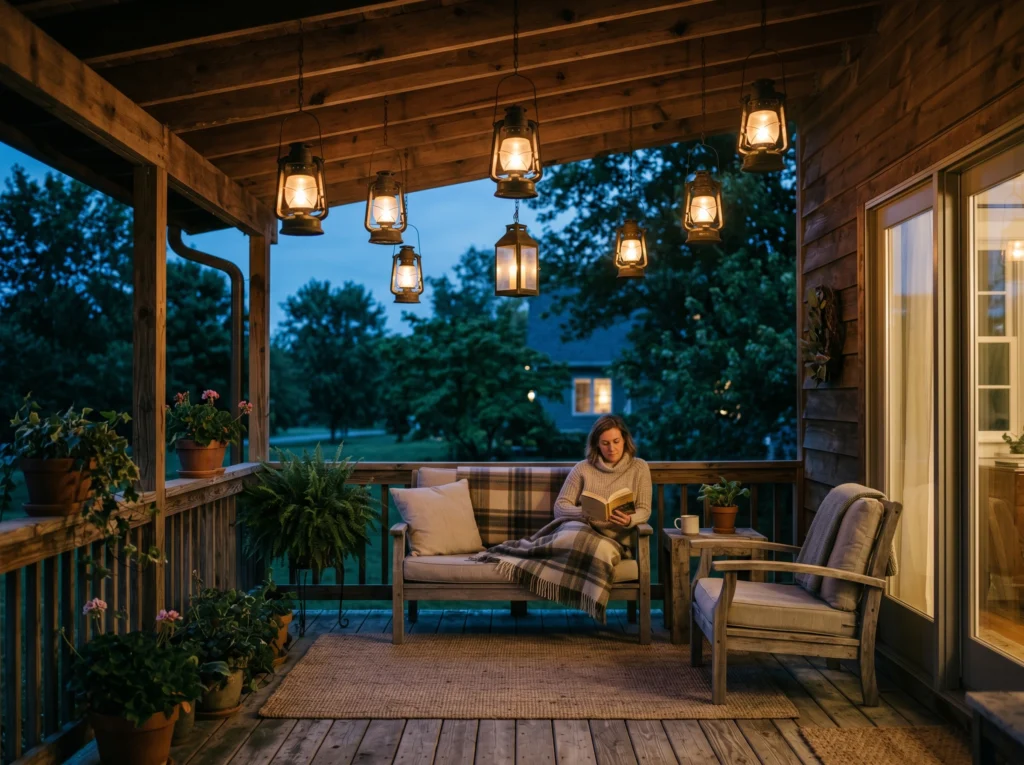 outdoor porch with hanging lantern lights and warm natural evening glow