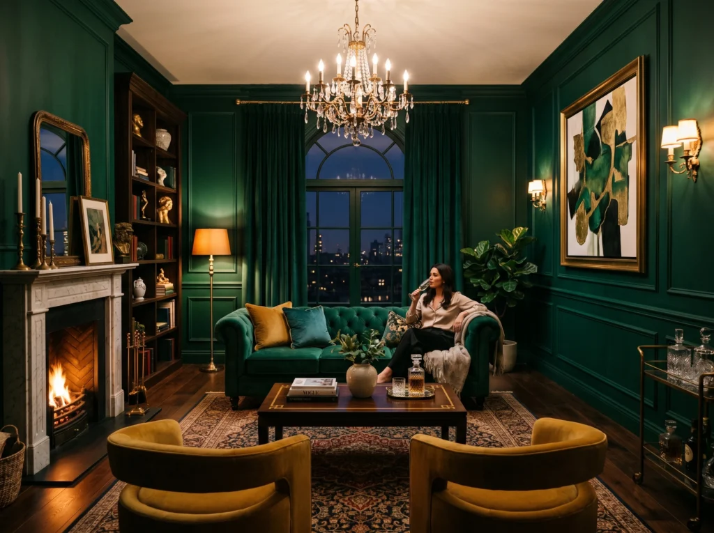 emerald green living room with velvet sofa and warm lighting