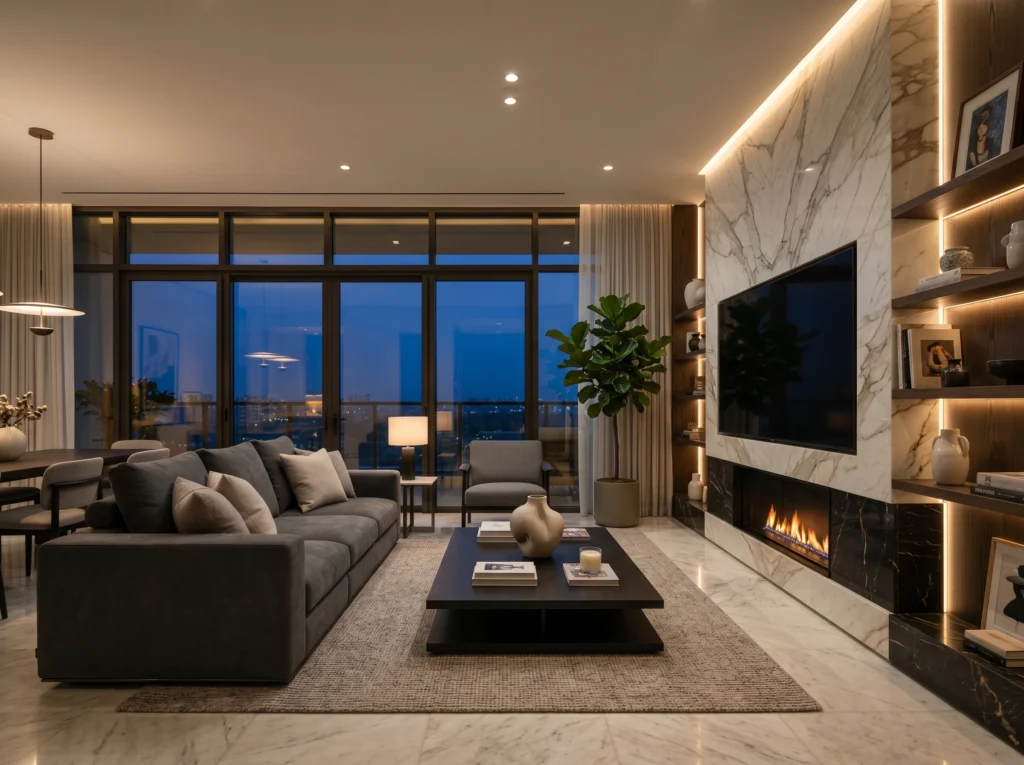 Modern living room with a marble TV unit wall and soft LED lighting highlighting a luxury finish.
