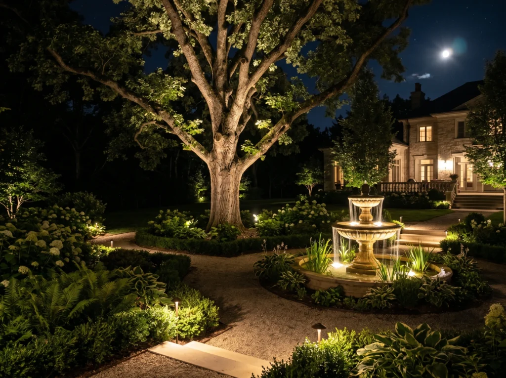 garden spotlight lighting highlighting trees and fountain in a modern landscape at night
