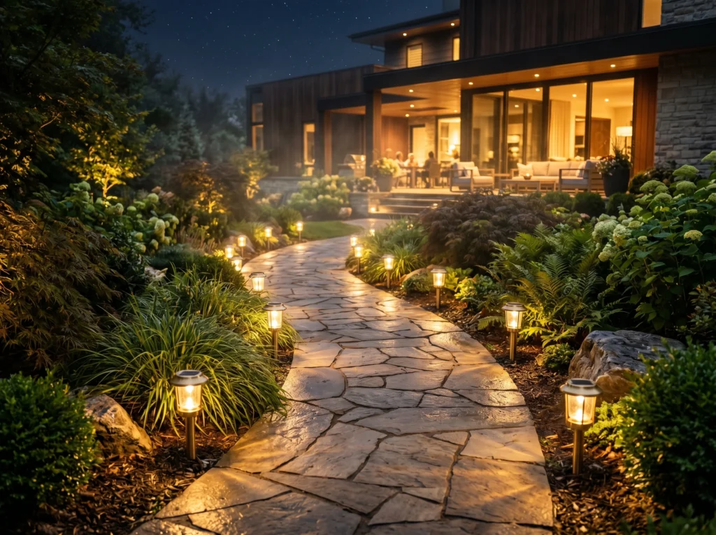 solar garden pathway with elegant lighting and modern landscape design