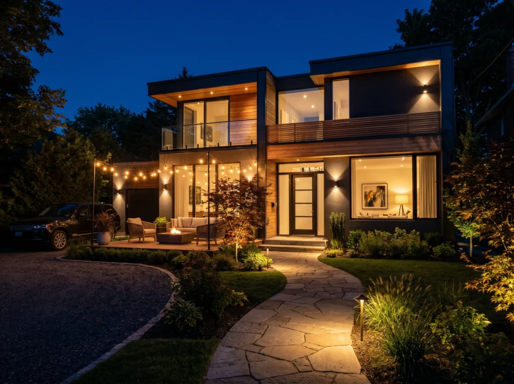 modern house exterior with stylish outdoor lighting and warm garden lights

