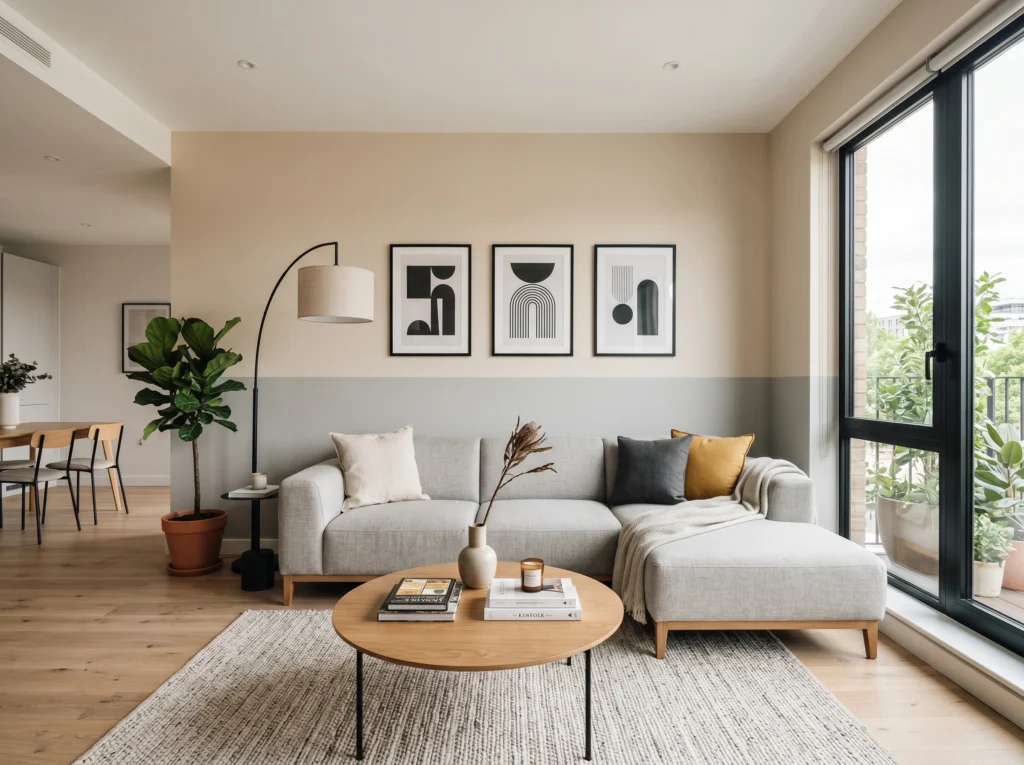 two-tone living room with beige and grey wall design