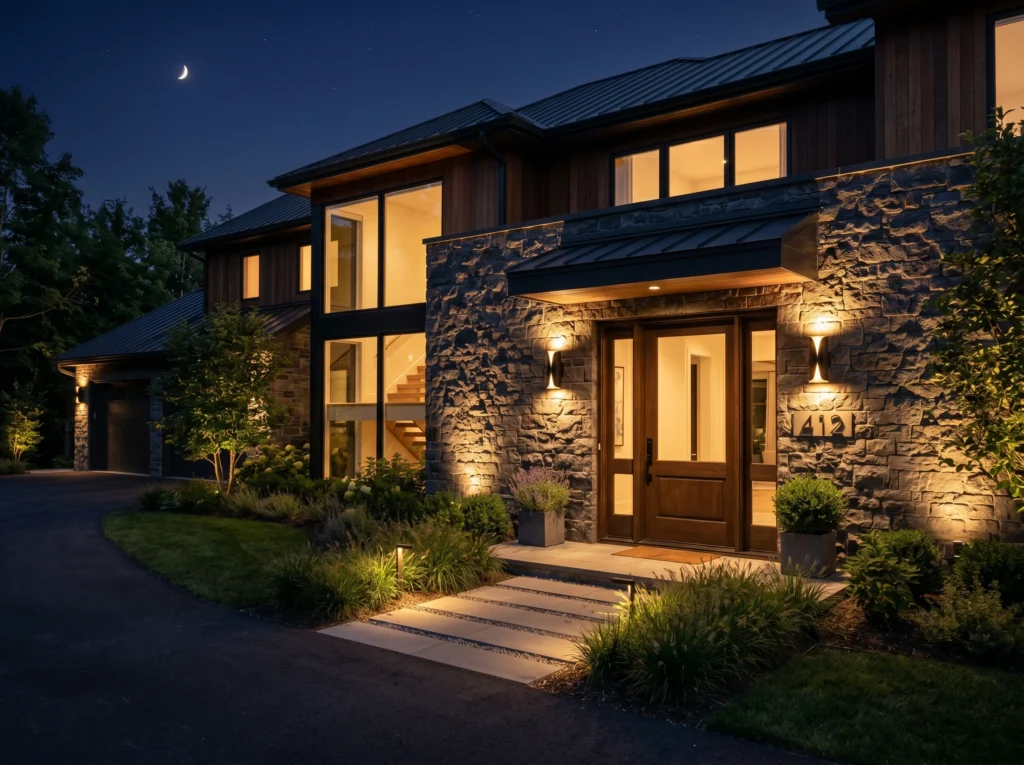 modern house exterior with elegant wall-mounted lighting near entrance