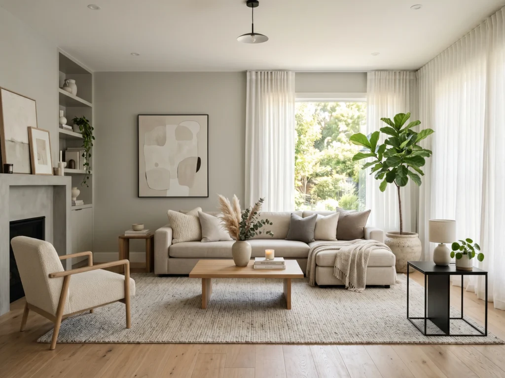 modern neutral living room with beige sofa, grey walls, and cozy decor