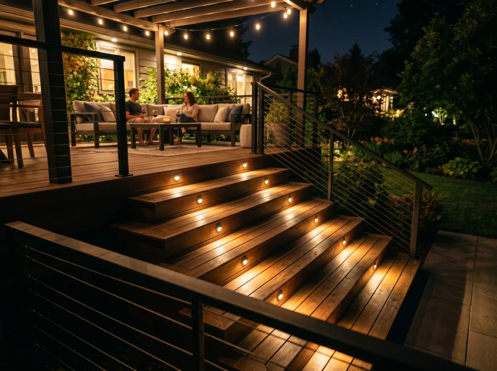 modern deck stairs with built-in step lighting and warm evening glow