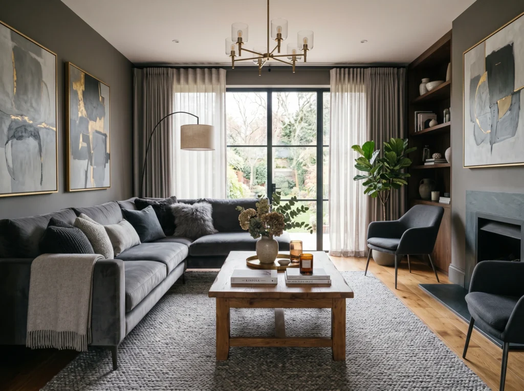 grey monochrome living room with textured furniture
