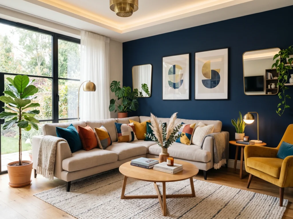 best living room color ideas with modern sofa, neutral tones, blue accent wall, cozy lighting and stylish home decor