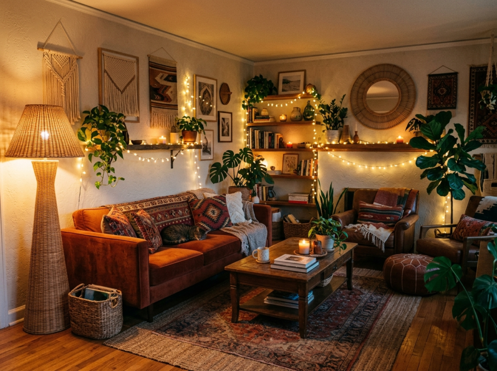 warm ambient lighting in a boho living room with rattan floor lamp and string lights