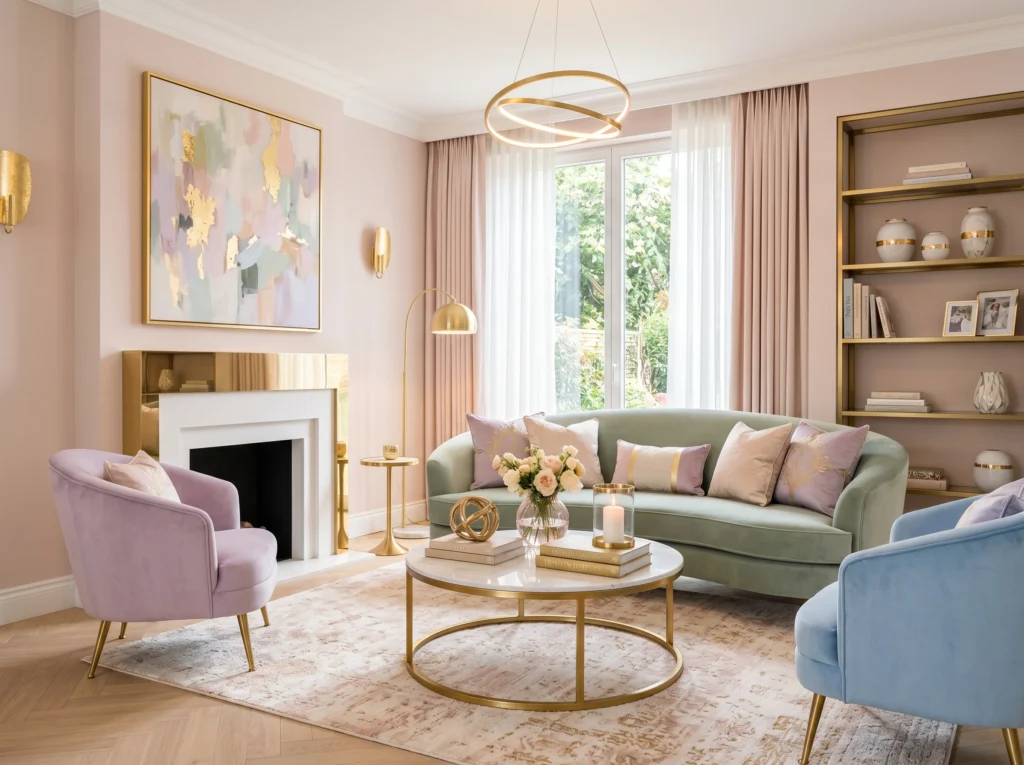 pastel living room with gold accents and soft lighting