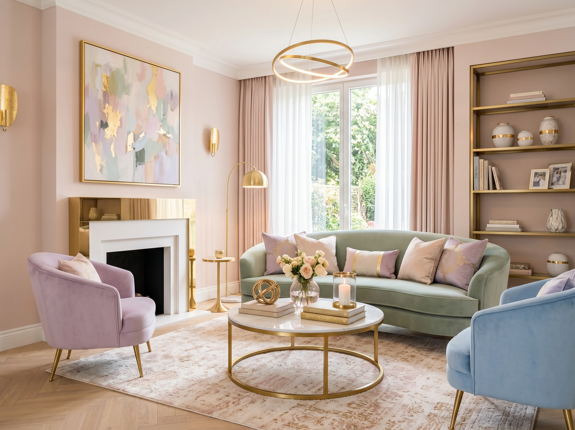 pastel living room with gold accents and soft lighting