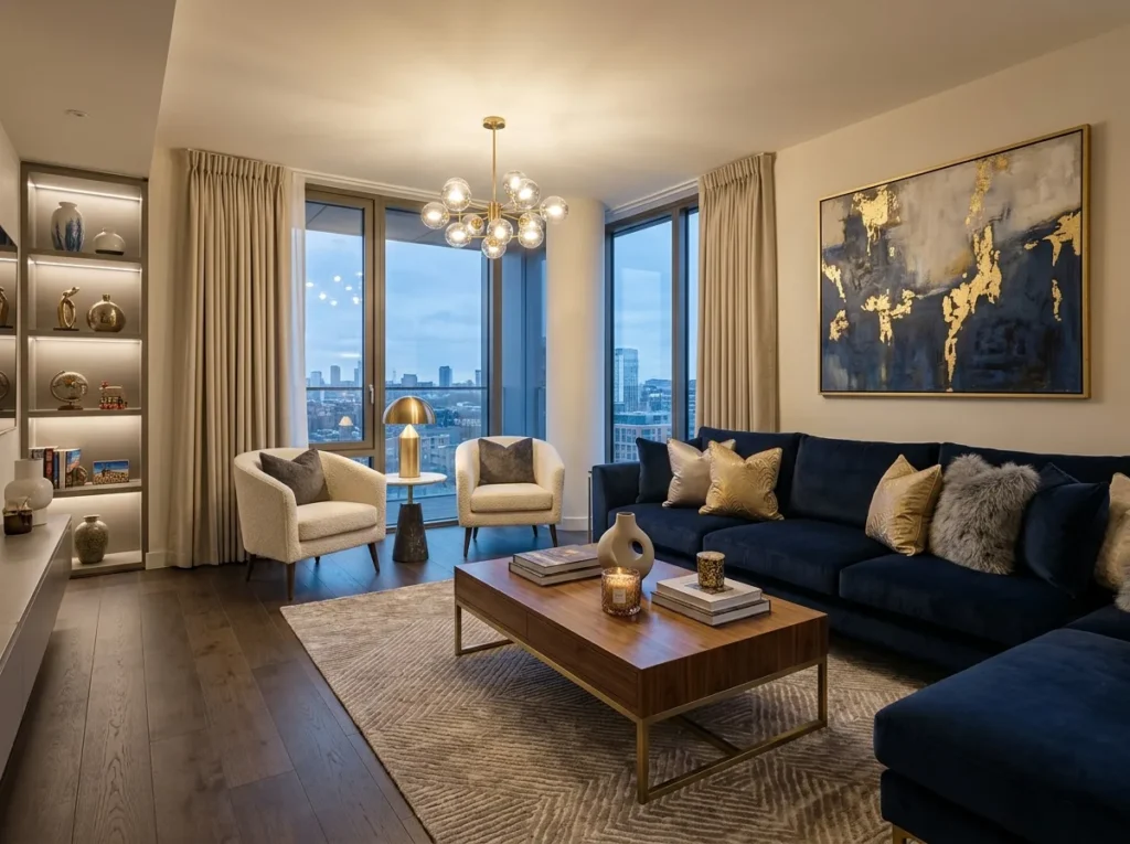 Stylish apartment decor ideas with cozy modern furniture and elegant home styling for a comfortable living space.