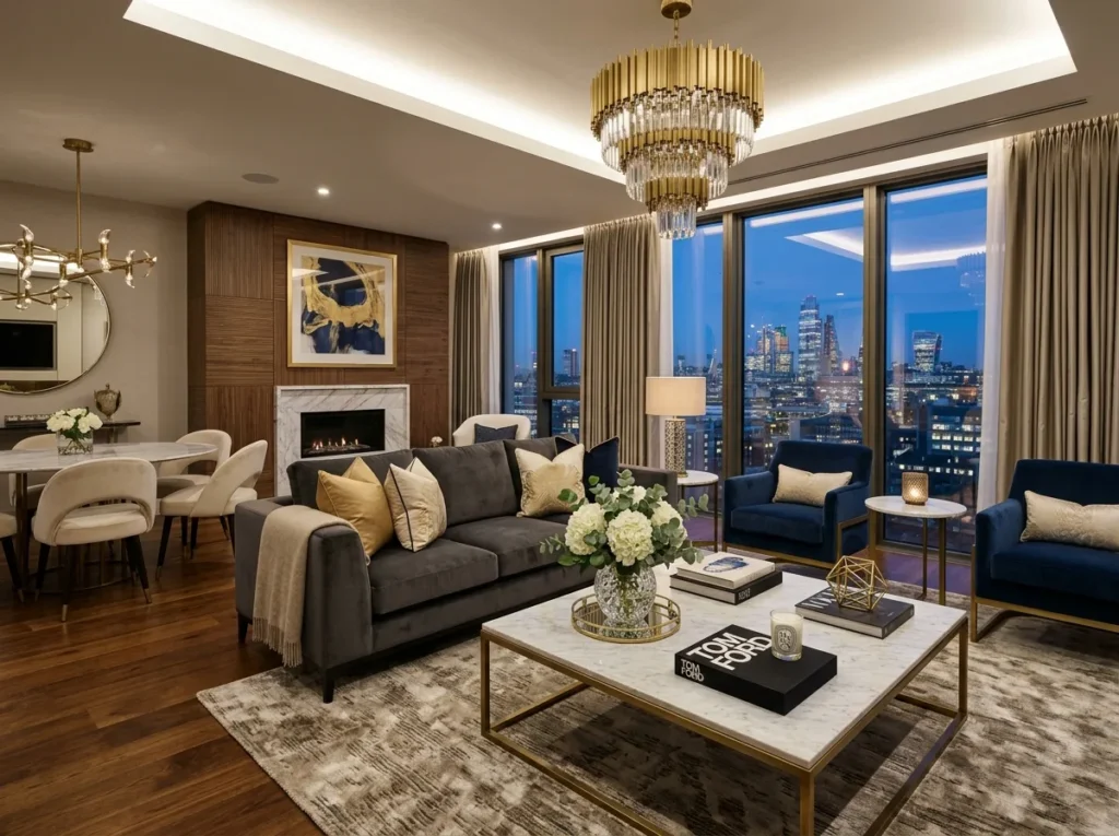 Stylish apartment decor ideas with cozy modern furniture and elegant home styling for a comfortable living space.