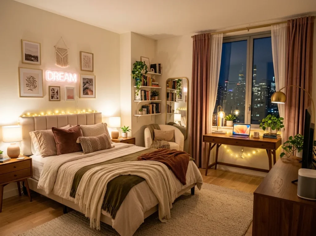 Stylish college apartment decor ideas for small spaces with cozy furniture, wall art, smart storage, and modern student-friendly design inspiration.
