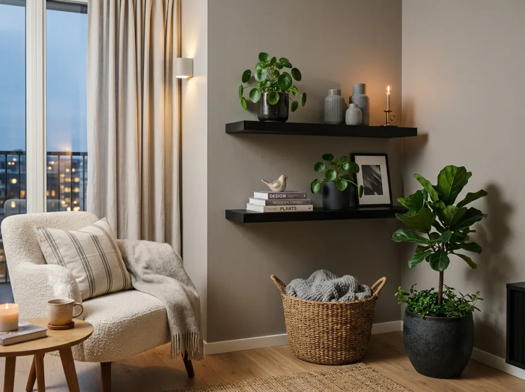 Elegant floating shelf decor in gray and black modern home aesthetic