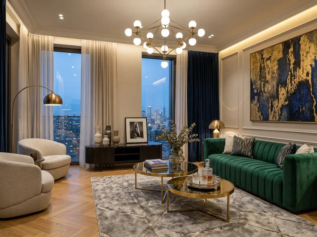 Stylish apartment decor ideas with cozy modern furniture and elegant home styling for a comfortable living space.