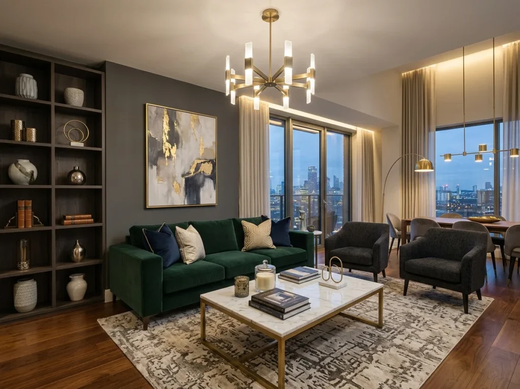 Stylish apartment decor ideas with cozy modern furniture and elegant home styling for a comfortable living space.