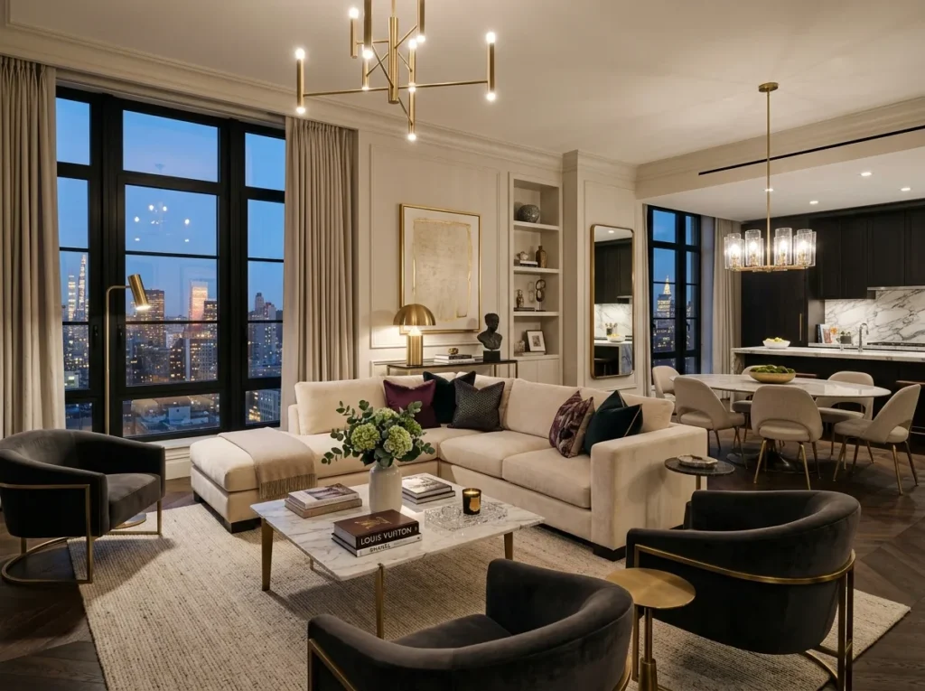 Stylish apartment decor ideas with cozy modern furniture and elegant home styling for a comfortable living space.