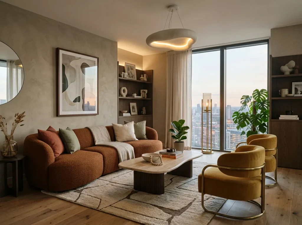 Stylish apartment decor ideas with cozy modern furniture and elegant home styling for a comfortable living space.