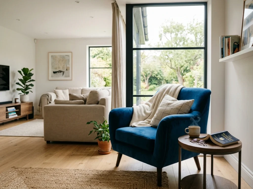 reading corner with blue armchair near window in modern living room
