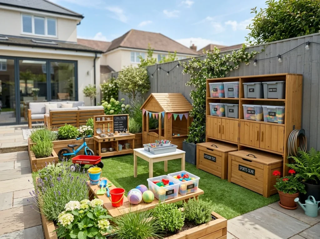 Backyard play area with wooden storage boxes, shelves, and organized toy bins for a clean and tidy kids space