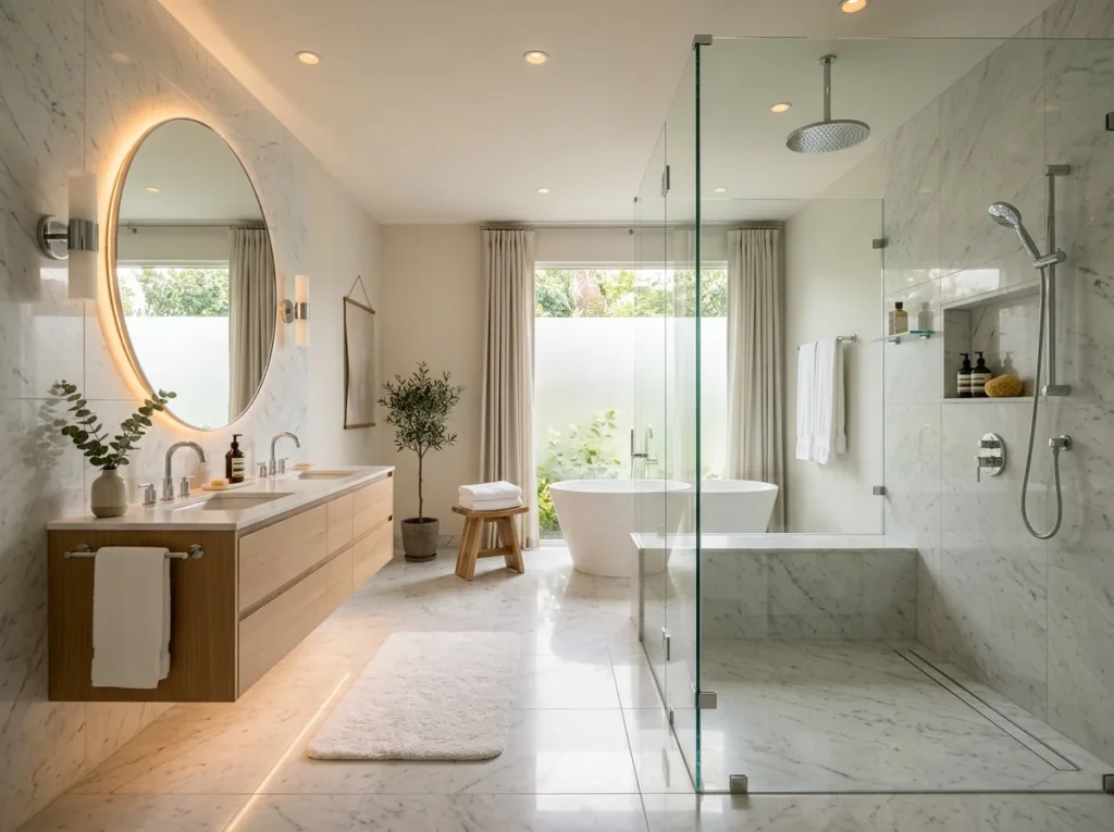 Modern walk-in glass shower with warm lighting and elegant minimalist decor.