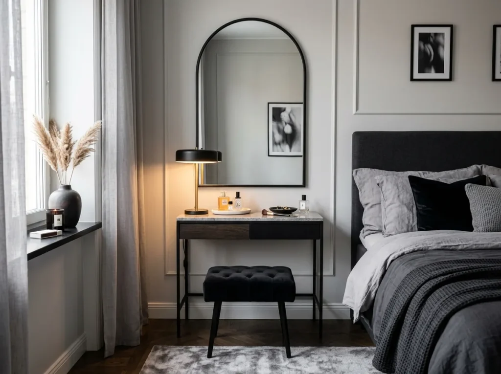 Warm cozy corner with gray chair, black floor lamp, and candle lantern glow