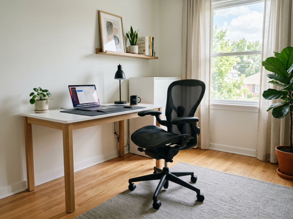 Stylish office chair home setup with modern black ergonomic chair