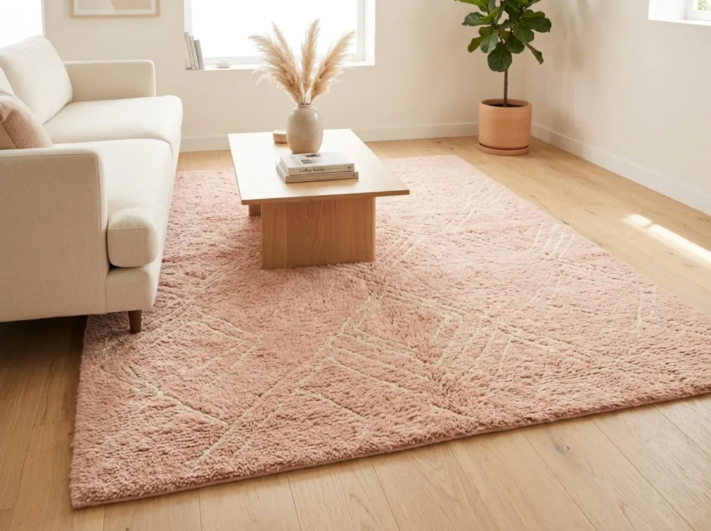 Chic pink passion rug enhancing a cozy reading corner with soft textures and elegant decor details