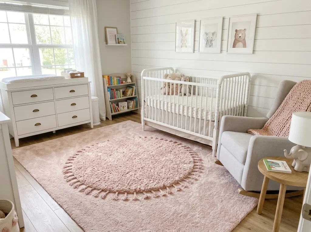 Modern pink passion rug creating a cozy focal point in a beautifully styled open concept living space