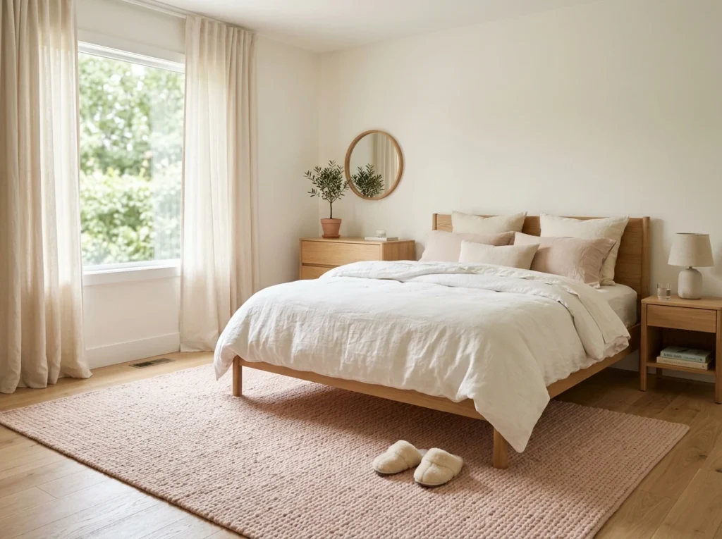 Soft pastel blush rug in calm bedroom, natural light, cream curtains, light oak furniture, peaceful minimal aesthetic, ultra-realistic