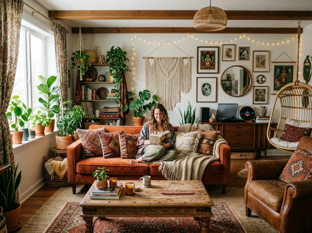 bohemian living room decor with layered rugs and cozy cushions