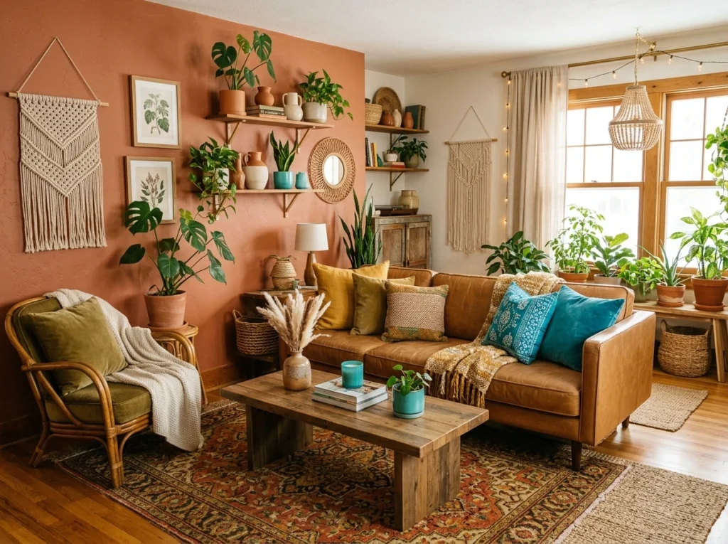 bohemian living room decor with earthy tones, tan sofa, and warm cozy aesthetic