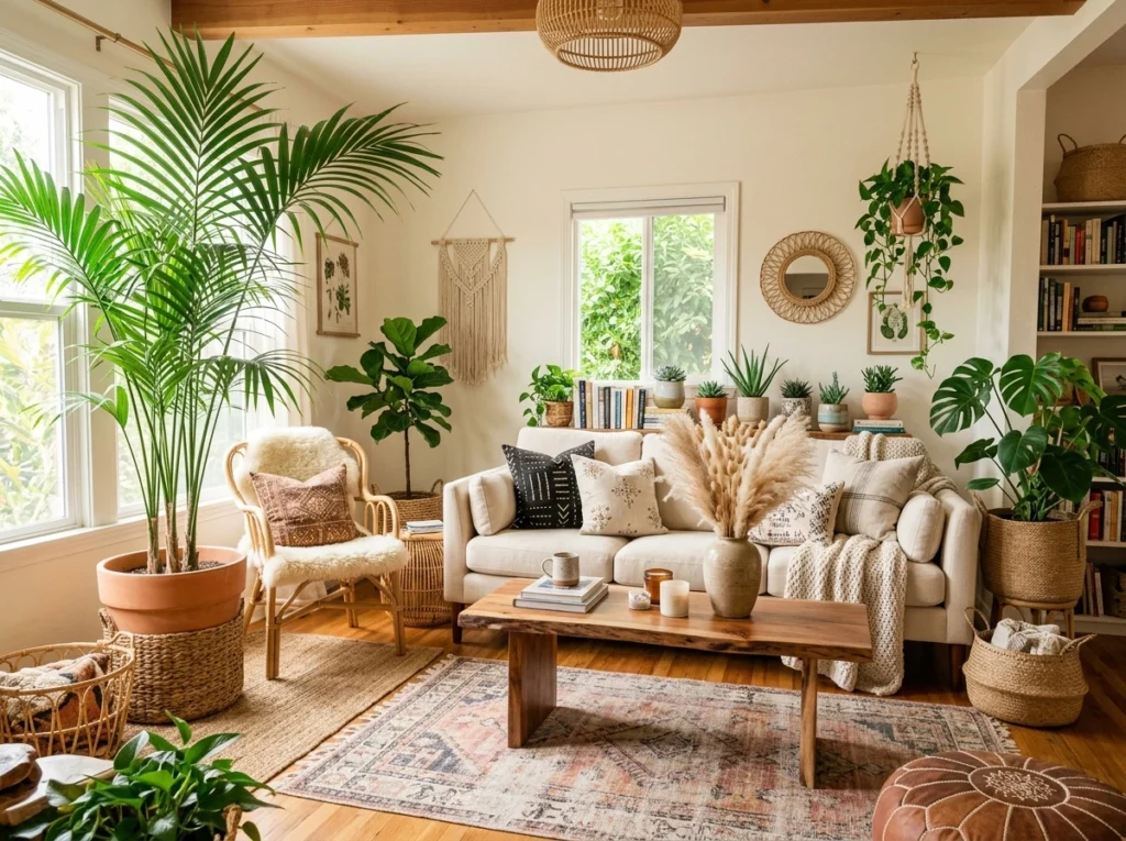 bohemian living room decor with indoor plants, woven baskets, and natural greenery