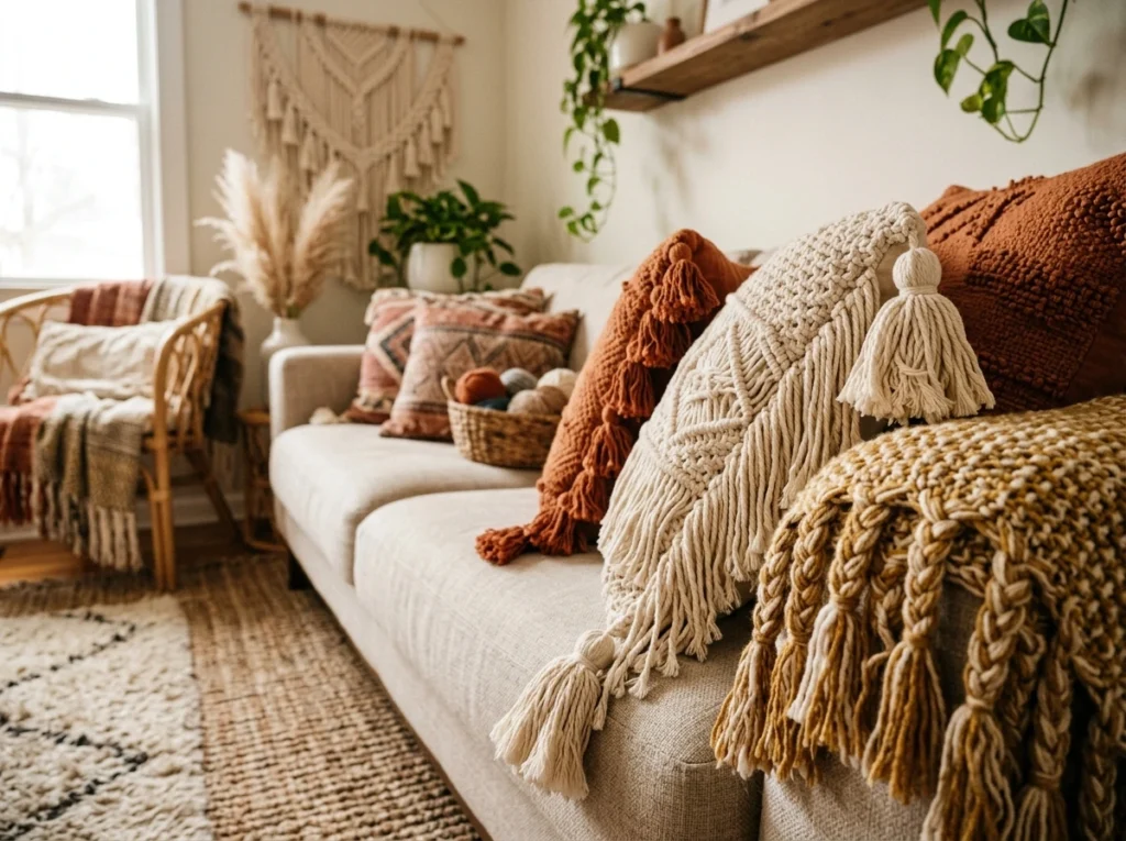 bohemian living room decor with tassel pillows and tassel throws on cozy sofa