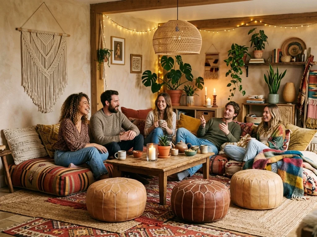 floor cushions and Moroccan poufs in a cozy living room setup