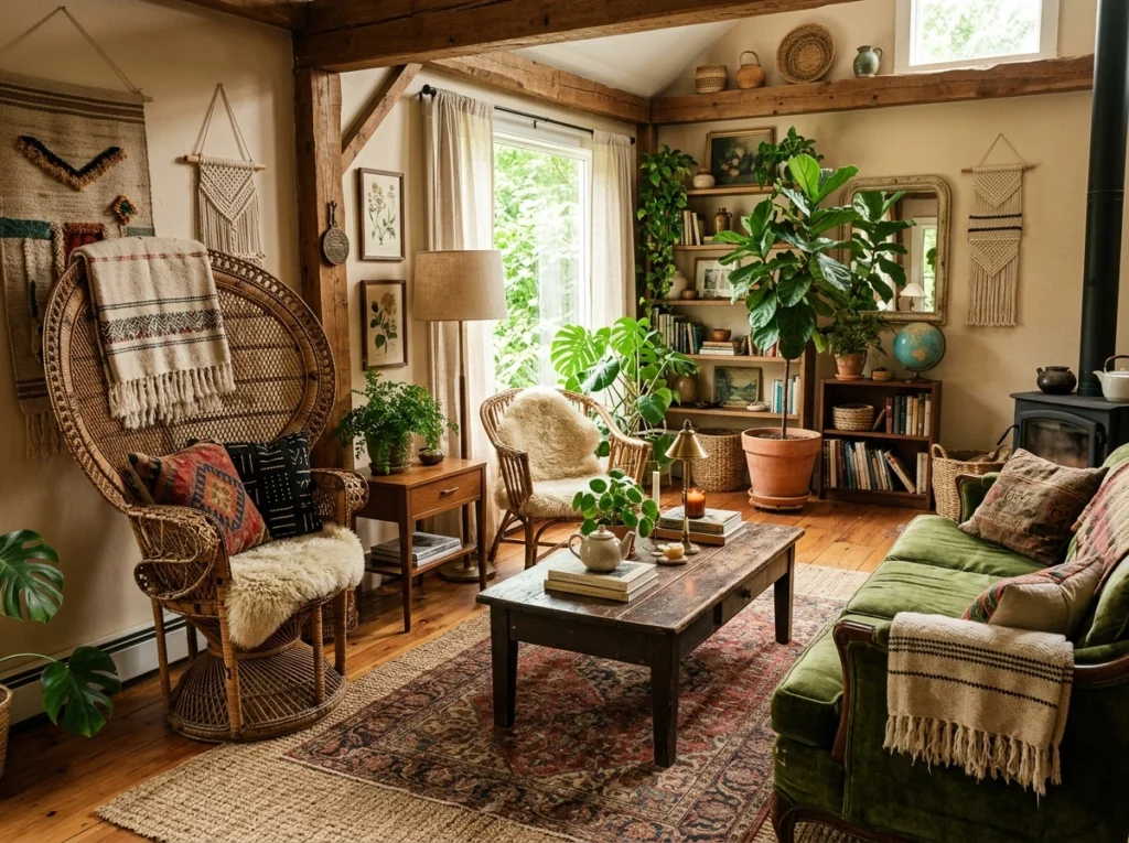 vintage boho living room with antique furniture, rattan chairs, and wooden coffee table