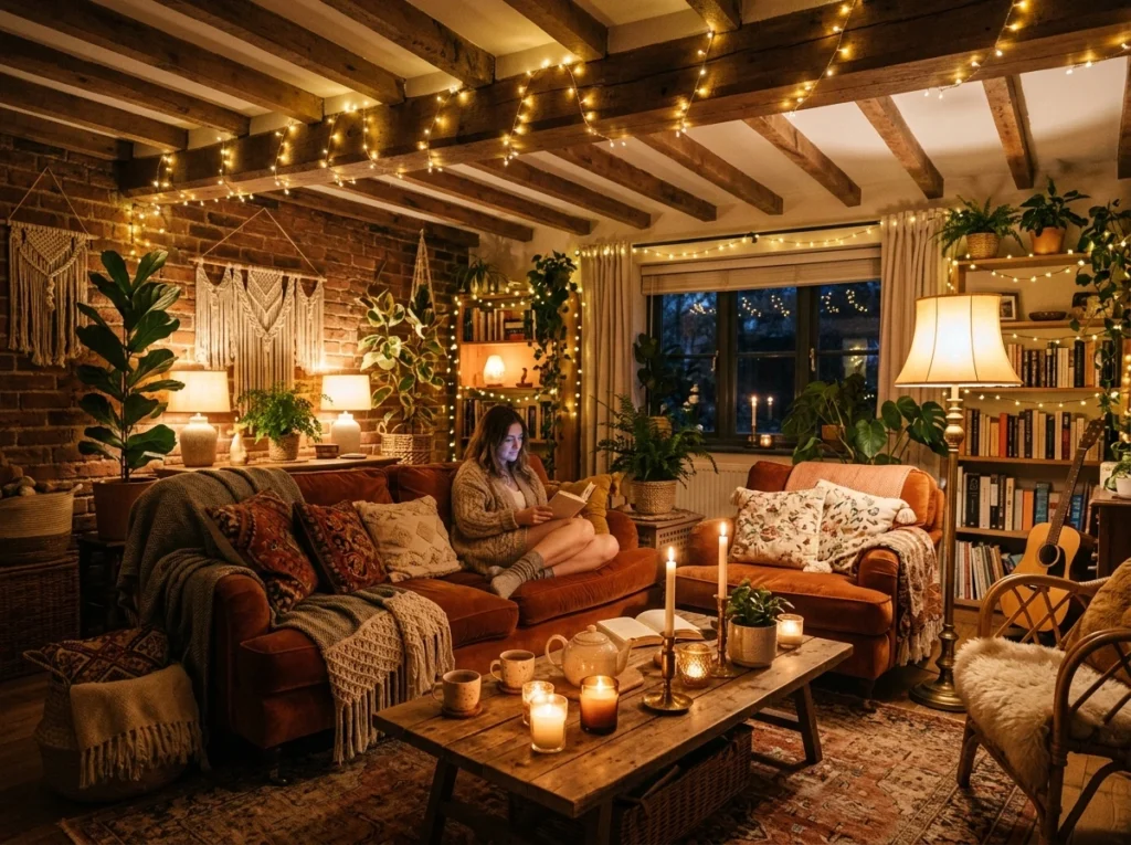 warm lighting in cozy living room with soft glowing lamps and relaxed atmosphere