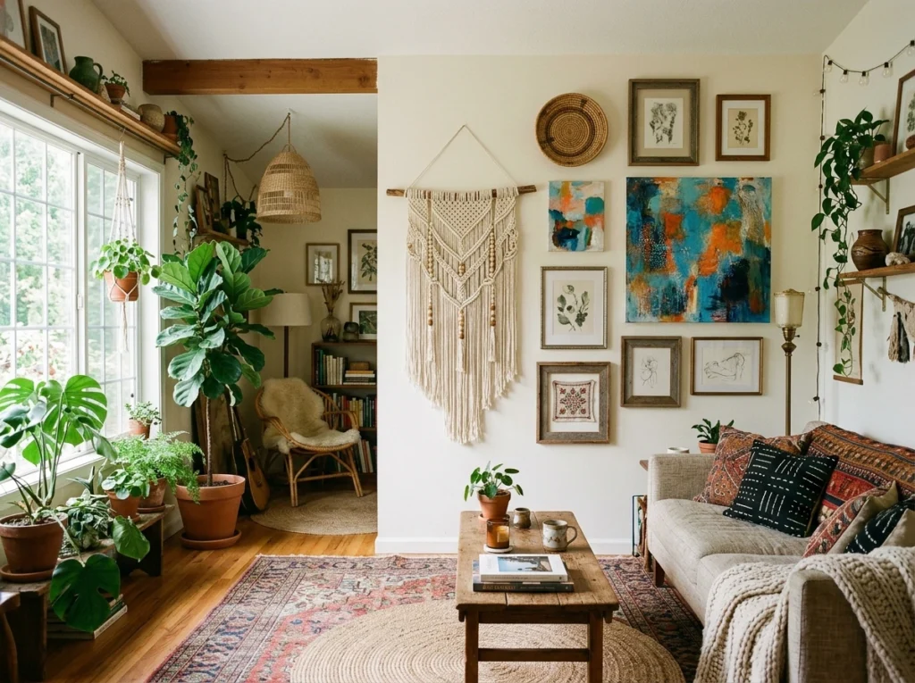 bohemian living room decor with macramé wall art and handcrafted gallery wall