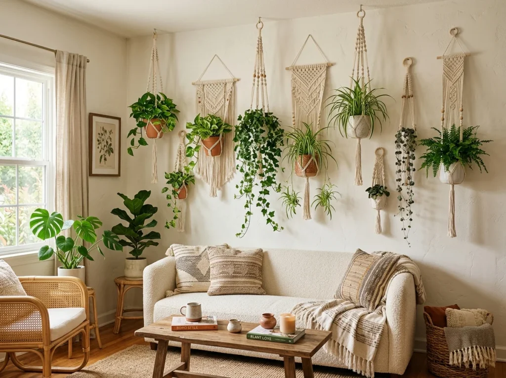 Macrame hanging plant wall decor with trailing ivy and spider plants in boho style for stylish plant wall art ideas in home interior