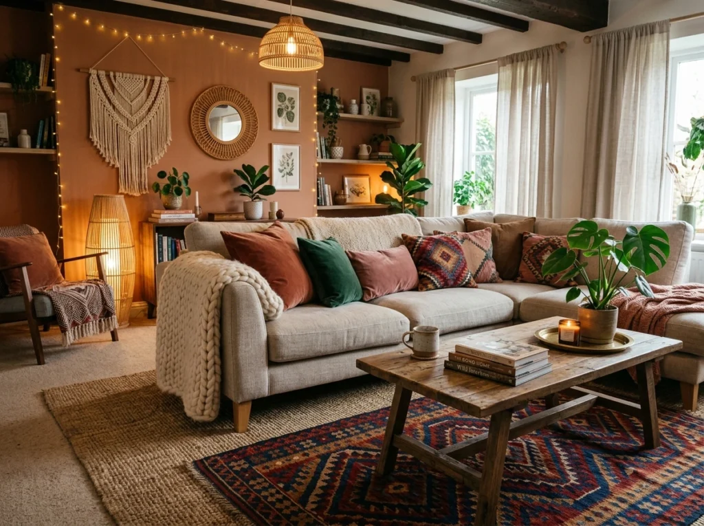 bohemian living room decor with layered rugs, cozy textures, and stylish sofa cushions