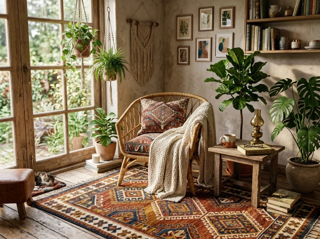 Relaxed reading nook with textured rug and natural boho decor
