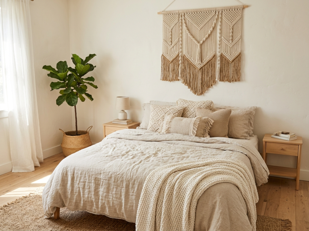 boho bedroom with linen bedding, layered pillows, chunky throw, and woven wall hanging