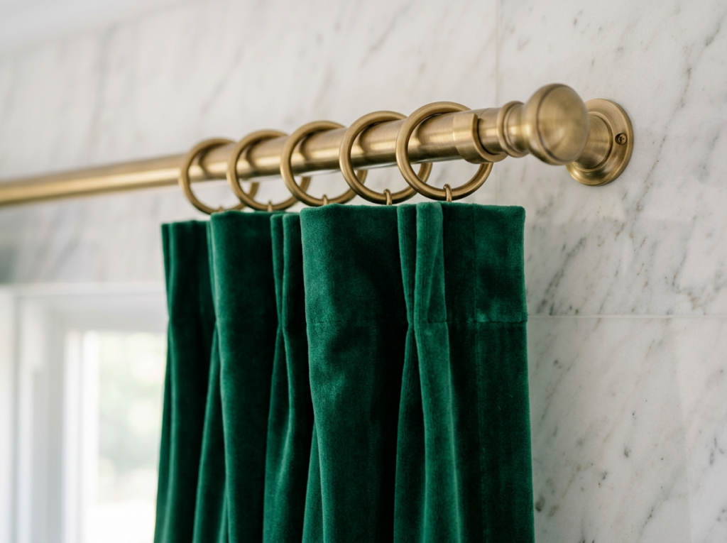 Close-up of a brushed brass curtain rod with emerald green velvet drapes against white marble walls, creating a rich and elegant window decor style.