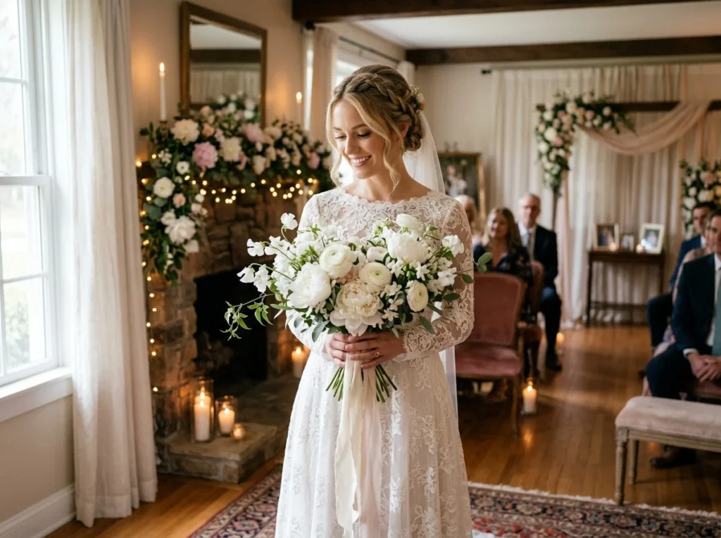 Elegant home wedding scene with bride holding a fresh floral bouquet in a cozy romantic setup