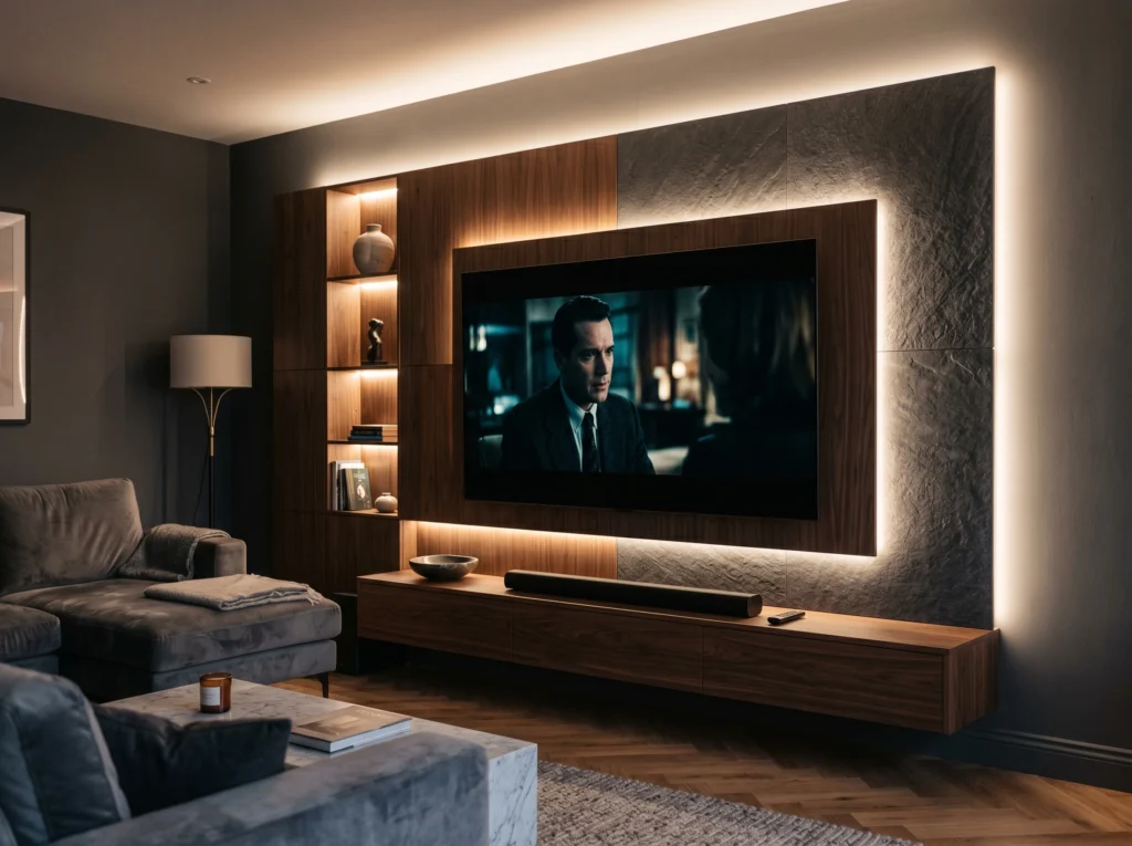 Modern living room featuring a glass and metal TV unit with sleek metal frames, tinted glass shelves, and a chic luxury design with reflective surfaces.